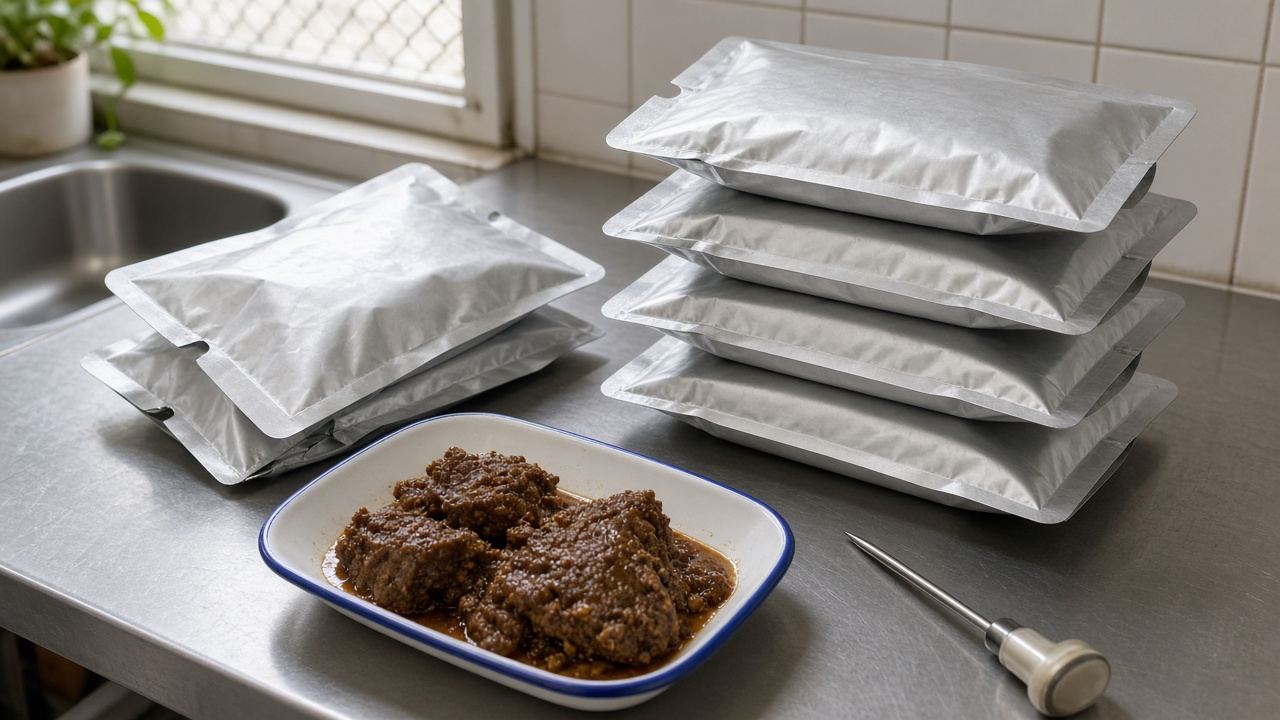 Contoh bungkusan rendang dan mesin retort / Sample rendang pouches and retort machine
